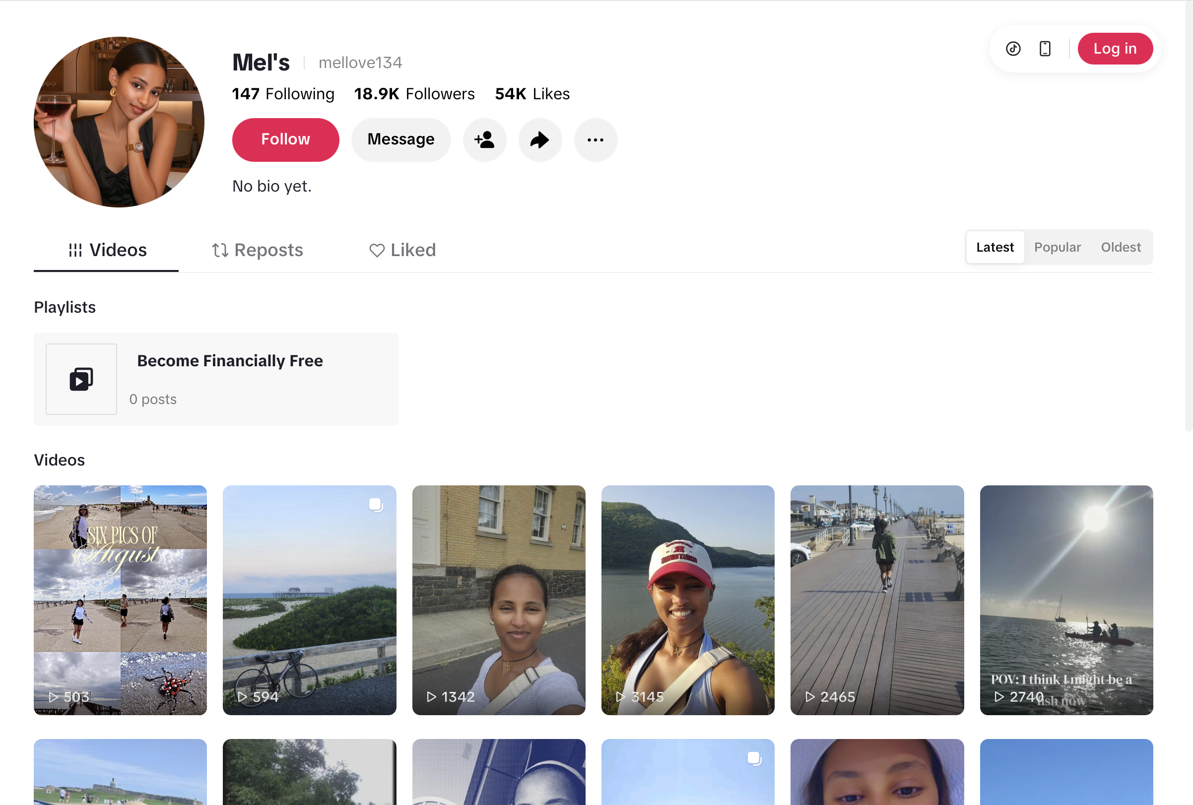 Screenshot of Melat's TikTok profile showing her profile photo and recent travel videos